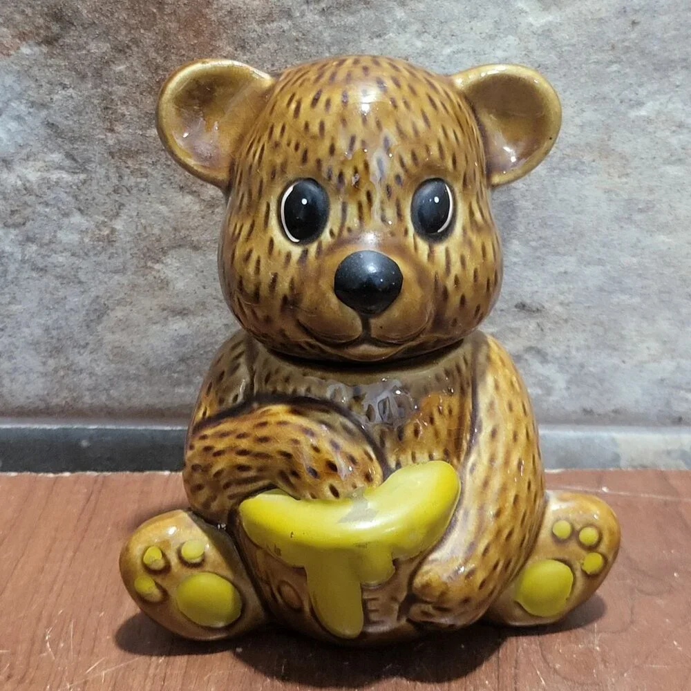 Vintage Ceramic Honey Bear Pot Jar Glossy Brown Glaze Finish